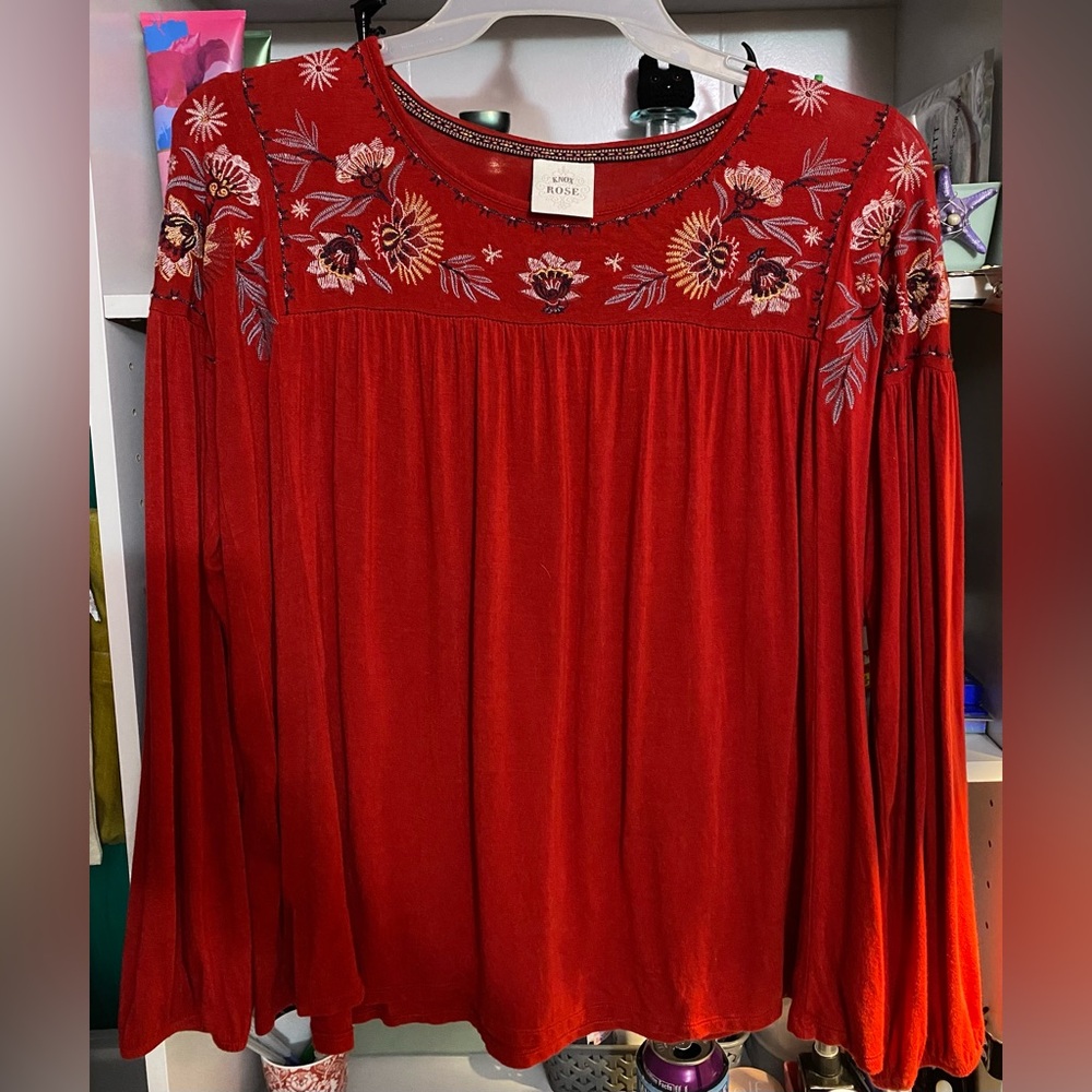 Knox Rose Floral Embroidered Red Blouse